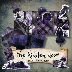 May include: A mini folio kit with a gothic theme. The kit features illustrations of a witch, raven, and forest scenes in shades of purple, black, and white. The text "the hidden door" is displayed on a scroll. The kit includes various decorative elements.