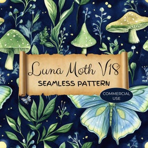 Padrão sem emendas de mariposa lunar, uso comercial, bruxa lunar celestial, papel de parede da natureza, fantasia mágica mística, arte azul e verde JPG, LMB19