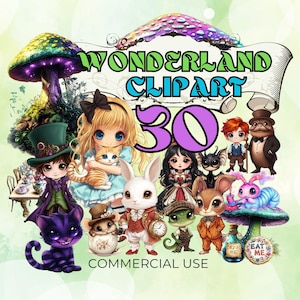 clipart del paese delle meraviglie, kawaii chibi, personaggio del cappellaio matto, disegno dello Stregatto, simpatica regina di cuori, uso commerciale, fantasy da fiaba, fan37