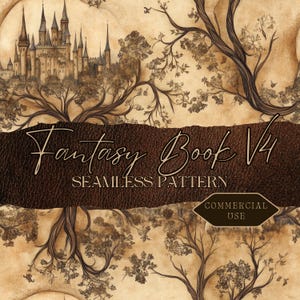May include: A fantasy-themed seamless pattern featuring a castle, trees, and the text "Fantasy Book V4" and "Seamless Pattern". The colour scheme includes brown, beige, and sepia tones, with a "Commercial Use" label.