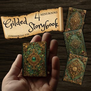 Verguld verhalenboek, miniboekenpakket met pagina's, Victoriaans sprookjespoppenhuis, antieke barokke omslag, sierlijke ruggen, kleine vakken voor bibliotheekkaarten