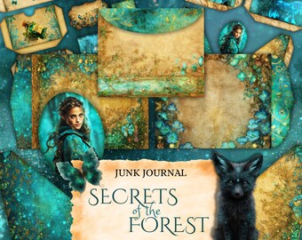Puede incluir: Una colección de efímeras de diario basura con temática de fantasía. El conjunto incluye folios, bolsillos e insertos con una combinación de colores turquesa, dorado y marrón. El texto dice "Secrets of the Forest". También aparece un zorro negro y una mujer.