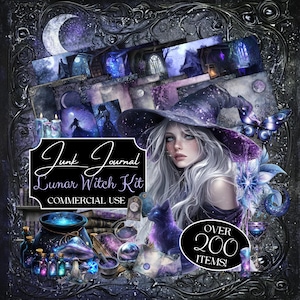 lunar witch journal kit, gothic grimoire mega bundle, scrapbook ephemera, wizard school supplies clipart, magic fantasy dark academia, fan37