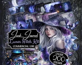 lunar witch journal kit, gothic grimoire mega bundle, scrapbook ephemera, wizard school supplies clipart, magic fantasy dark academia, fan37