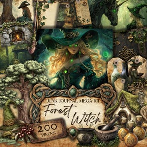 Green Witch Junk Journal Kit, Mega Ephemera Bundle, Celtic Cottagecore, Moosgrüne Fantasie, Zauberwald, Buch der Schatten, fan37, cwb1