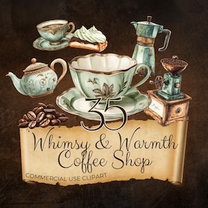 Clipart-set för kaféer: Vintage tekoppar, bakverk (digital nedladdning av PNG) cc337