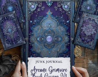 junk journal book covers, magic arcane grimoire, wizard spell book printable, witchy ephemera, dark academia purple, vintage fantasy, fan37