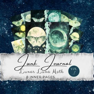 Lunar Luna Motte Junk Journal Seiten | Kommerzielle Nutzung | Abstrakt Aquarell Symbolisch | Digitales Scrapbook | Grün leuchtende Käfer, Instant Download
