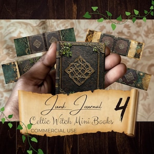 May include: Four mini books with Celtic knot designs and a distressed, aged look. The books are brown with green accents and gold trim. The text on the image reads "Junk Journal Celtic Witch Mini Books Commercial Use 4".