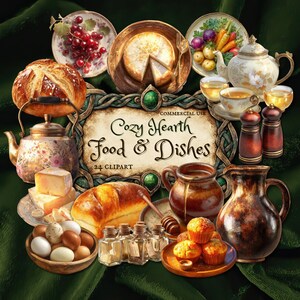 May include: A digital illustration featuring a variety of food and dishes. The image includes plates of grapes, cheese, and vegetables, along with bread, teapots, and muffins. The text "Cozy Hearth Food & Dishes" is displayed on a decorative sign.