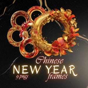 Puede incluir: Marcos circulares dorados y rojos ornamentados con detalles florales, diseñados para las celebraciones del Año Nuevo Chino. La imagen presenta múltiples marcos con detalles intrincados y el texto "Chinese New Year frames".
