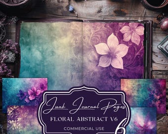 Floral Junk Journal Pages: Purple Teal Scrapbook Paper (Commercial Use)