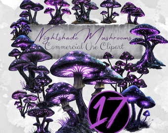 Clipart de cogumelo Nightshade: fungos de fantasia pretos e roxos (x17) (download digital) gv37
