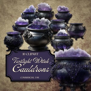 May include: A collection of ten dark purple cauldrons with ornate designs and purple vapor. The image includes a sign that reads "Twilight Witch Cauldrons" and "Commercial Use."