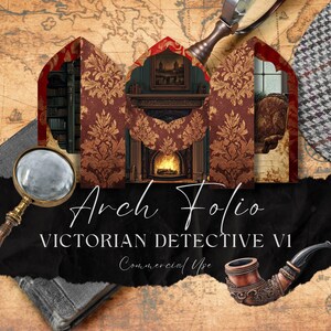 May include: A digital download of a printable Victorian-themed arch folio with a fireplace, a bookshelf, and a chair. The text "Arch Folio Victorian Detective VI Commercial Use" is visible on the image.