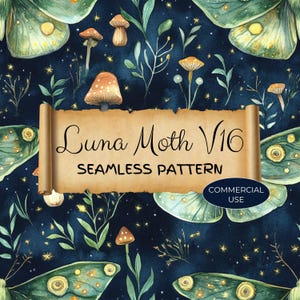 Padrão sem emendas de mariposa lunar, uso comercial, bruxa lunar celestial, papel de parede da natureza, fantasia mágica mística, arte azul e verde JPG, LMB19