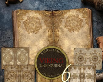viking junk journal pages, bifold printable sheets, norse mythology fantasy, scrapbook ephemera, antique vintage paper, commercial use, nm37