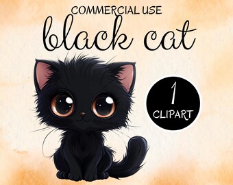 Quirky Black Cat Clipart, Kawaii Halloween Kitten (Commercial Use) hal37