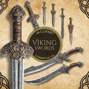 May include: A collection of 26 Viking sword clipart images. The swords feature ornate designs with brown, silver, and gold tones. The image includes a variety of sword styles, from short daggers to long, curved blades. The text on the image reads "Viking Swords" and "Commercial Use."