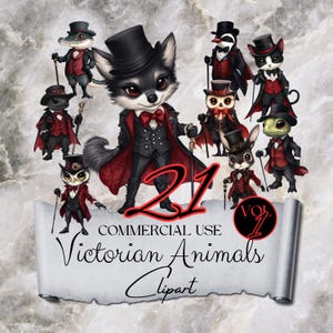 Viktorianische Tier Clipart x21 {Kommerzielle Nutzung} Wolf, Alligator, Eule, Hase, Schildkröte, Pinguin, Katzen, Aristokrat Gothic Gentleman Kleidung GL37
