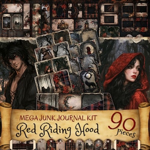 May include: A Red Riding Hood themed junk journal kit containing 90 pieces of paper ephemera, including illustrated cards, tags, and decorative sheets featuring dark forest imagery, wolves, and characters, with the text Mega Junk Journal Kit.