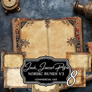 May include: An open antique book with aged pages and ornate red and black border designs. The image includes several smaller journal pages and a black and white sign that reads "Junk Journal Pages Nordic Runes V3 Commercial Use" with the number "8".