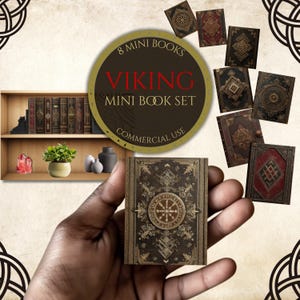May include: A set of eight miniature Viking-themed books. The books have intricate gold and brown designs. The image also shows a bookshelf with decorative items and the text "8 Mini Books Viking Mini Book Set Commercial Use."
