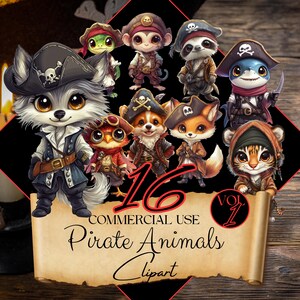 Schattige piraat dieren clipartpakket x16 {commercieel gebruik} kawaii chibi, wolf tijger schildpad luiaard slang beer corgi wasbeer aap vogel CC337