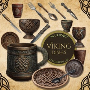 May include: A collection of Viking-themed dishes and utensils. The image features intricately designed mugs, bowls, plates, cutlery, and knives. The items are in shades of brown and bronze, with Celtic knot patterns. The text reads "36 Clipart Viking Dishes Commercial Use."