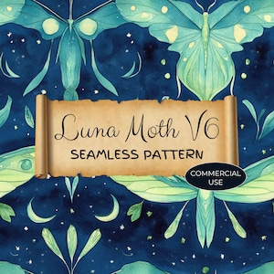 Padrão sem emendas de mariposa lunar, uso comercial, bruxa lunar celestial, papel de parede da natureza, fantasia mágica mística, arte azul e verde JPG, LMB19