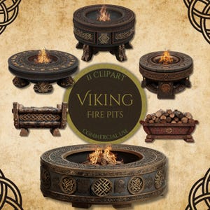 May include: A collection of Viking-themed fire pits in various designs. The fire pits are dark brown and gray with intricate Celtic knot patterns. Some pits have flames, and one has a container of firewood. The image includes the text "II CLiPART VIKING FIRE PITS COMMERCIAL USE."