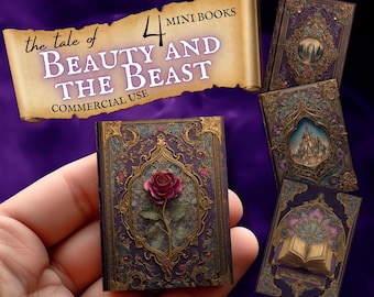 Mini Book Covers with Spine, Beauty and the Beast, Printable Tiny Journal, Fairy Tale Romance, Junk Journal Ephemera, Commercial Use, FAN37