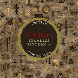 May include: A seamless pattern with a grunge texture, featuring gold and black Viking symbols and runes. A circular emblem in the centre reads "VIKING SEAMLESS PATTERN IO COMMERCIAL USE". The overall design has a vintage, historical aesthetic.