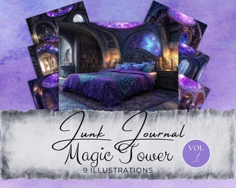 May include: A digital illustration of a bedroom with a purple bed, a starry ceiling, and a bookshelf. The text "Junk Journal Magic Tower Vol. 1 9 Illustrations" is on a white background.