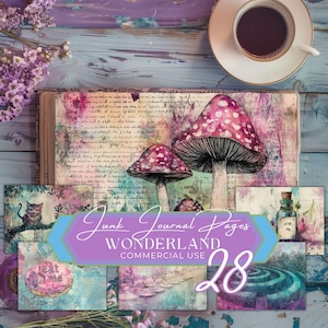 páginas de diário de lixo do país das maravilhas, chá da tarde de fantasia, cogumelos para imprimir, terra dos sonhos surreal, itens efêmeros de scrapbook em tons pastéis, uso comercial, fan37