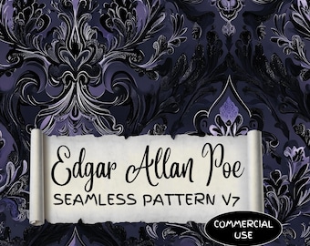 Edgar Allan Poe Seamless Pattern, Gothic Damask Texture (JPG, Commercial Use) GV37