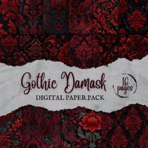 May include: A digital paper pack featuring a collection of Gothic Damask patterns in shades of red and black. The image includes the text "Gothic Damask DIGITAL PAPER PACK" and "16 pages".