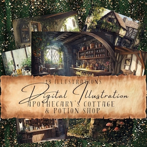 Apothecary Junk Journal Pages Cottage & Potion Shop, Commercial Use, 13 Digital Illustrations, Fantasy Idyllic Cottagecore Artwork, CC337