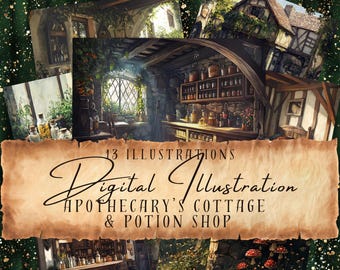 May include: A digital illustration set of 13 images featuring a cosy apothecary cottage and potion shop. The illustrations depict a variety of scenes, including the shop's interior, exterior, and surrounding forest. The images are perfect for creating whimsical and magical scenes.