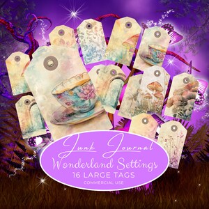 wonderland junk Journal Kit, druckbares Scrapbook Ephemera, digitale Tags, Fantasy Märchen, Spiegel, bunte Pilzkunst, fan37