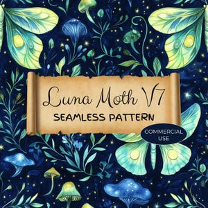 Padrão sem emendas de mariposa lunar, uso comercial, bruxa lunar celestial, papel de parede da natureza, fantasia mágica mística, arte azul e verde JPG, LMB19
