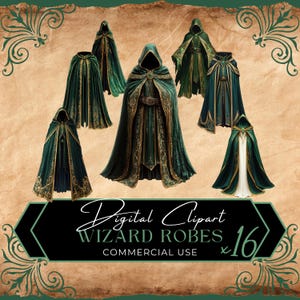 Zauberer Robe Clipart x16 | Kommerzielle Nutzung, Grün & Gold, Spellcaster Dark Academia, Fantasy Hexe, Zauberumhang | Digitale Kunst | FAN37