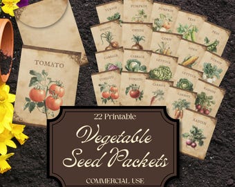 May include: A collection of 22 printable vegetable seed packets with vintage-style illustrations. The packets feature various vegetables like tomatoes, carrots, and onions. The text "Vegetable Seed Packets" is displayed on a brown label.