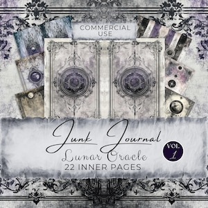 Lunar Orakel Karte Junk Journal Seiten | 22 Scrapbook Papiere | Kommerzielle Nutzung | Lila Grau, Mond Phase Magisch Mystisch Tarot Art Style FAN37