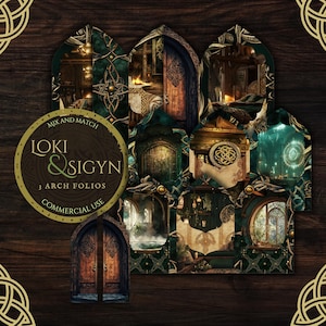 May include: A collection of arch folios with fantasy interior scenes. The folios are in shades of green, gold, and brown, with intricate Celtic knot designs. The text "Loki & Sigyn" and "Mix and Match" are visible on a circular label. The words "3 Arch Folios" and "Commercial Use" are also present.