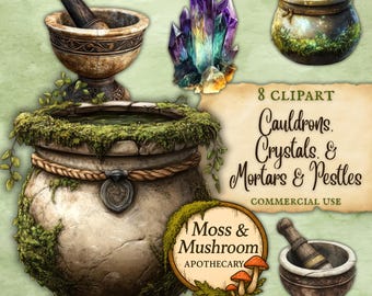 Apothecary Clipart Bundle: Cauldrons, Crystals, Mortar & Pestle (Digital Download) fan37