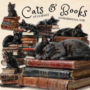 Może przedstawiać: Cyfrowa ilustracja przedstawiająca czarne koty odpoczywające na stosach starych książek. Obraz zawiera tekst "Cats & Books" i "16 Clipart Commercial Use". Książki mają czerwone, brązowe i złote okładki.