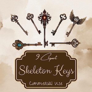 Skeleton Key Clipart x9 | Commercial Use | Vintage Aged Steampunk Antique, Digital Art Illustration | Sticker, Scrapbook, Junk Journal, GV37