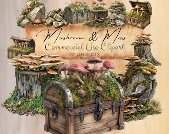 Mushroom Clipart: Mossy Rocks, Treasure Chests (22 PNGs) Commercial Use, cc337 fan37