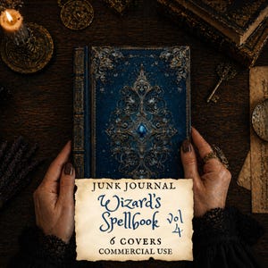 May include: A blue junk journal titled "Wizard's Spellbook Vol. 4" with ornate gold detailing and a central blue gem. The cover features intricate designs. The image includes text that says "6 Covers Commercial Use".